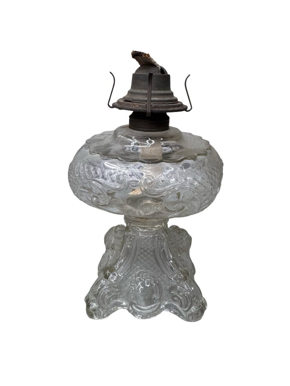 Antique Victorian Era Glass Oil Kerosene Lamp Base Lion & Baboon Embossed EAPG